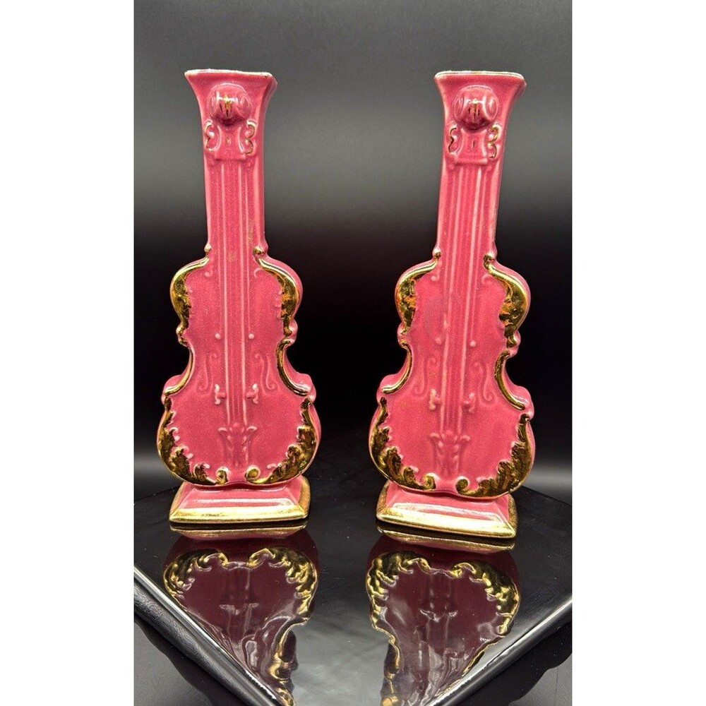 Warran Inc Pair Pink Ceramic Violin Vases 18K Gold Trim 11in Glossy